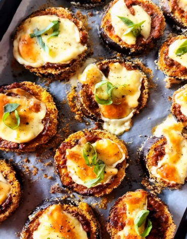 Crispy Almond Crusted Eggplant Pesto Stacks