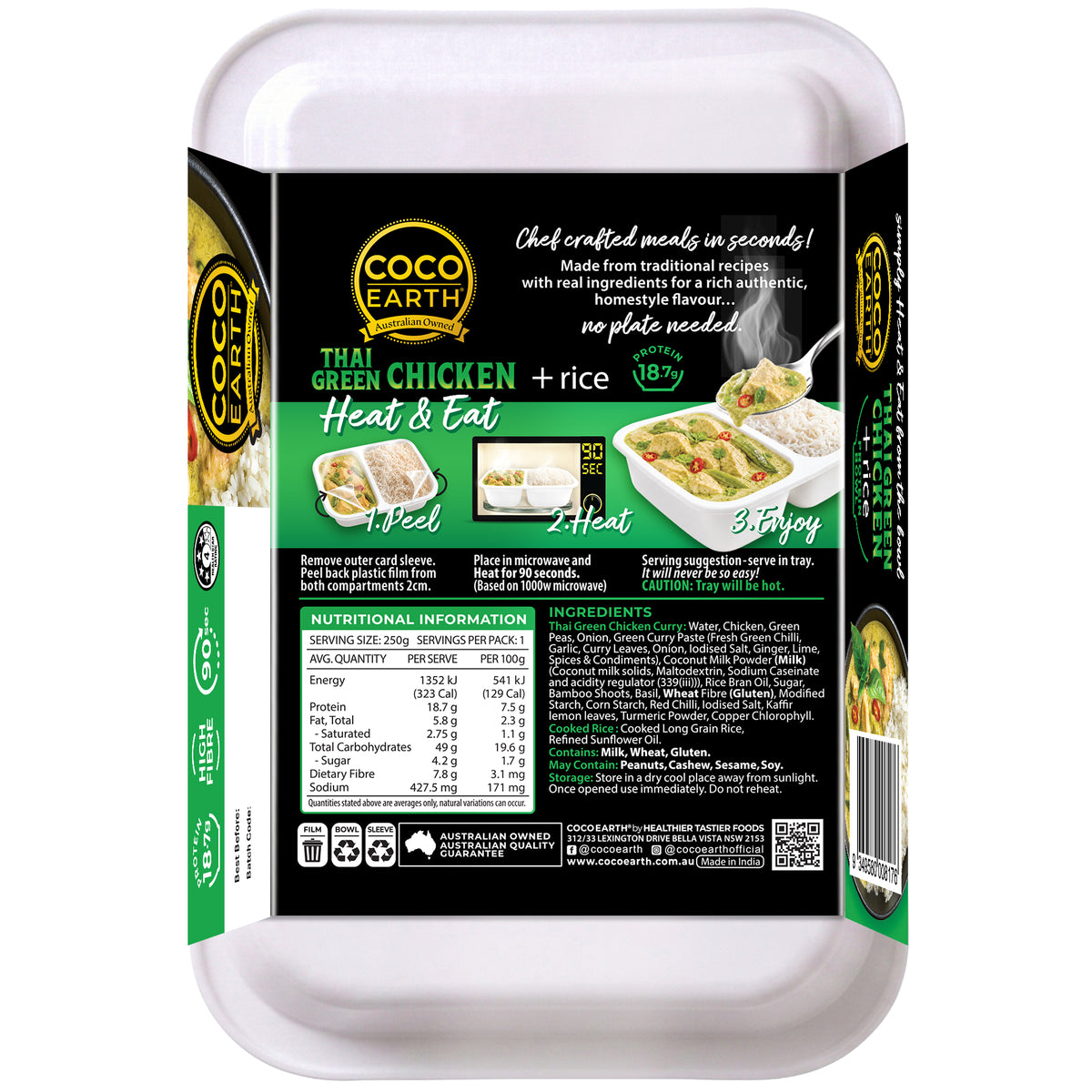 Coco Earth Thai Green Chicken Curry & Rice 250g | Ready to Eat Meal