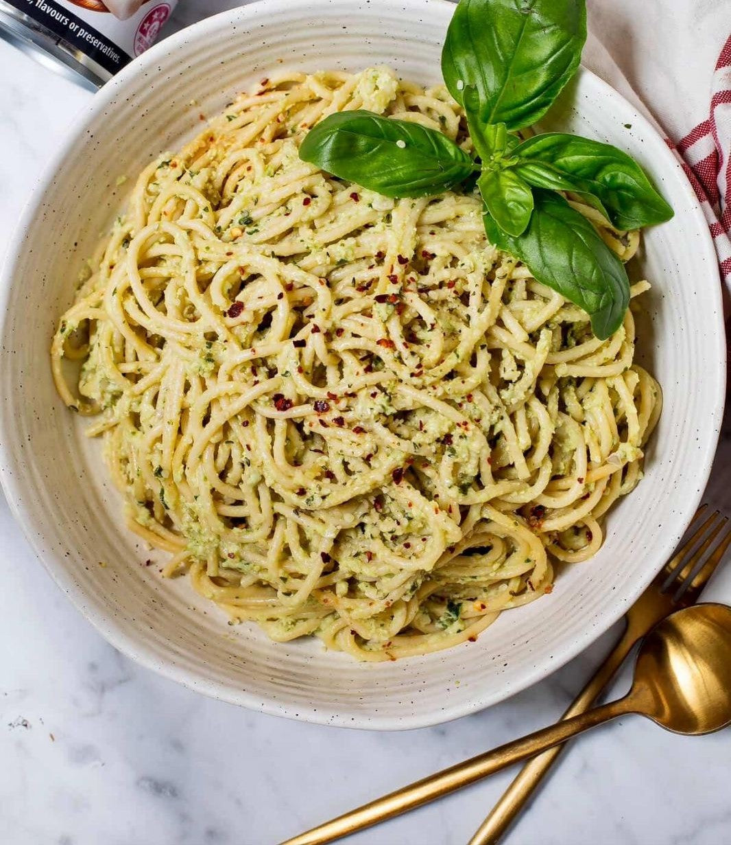 Creamy Hearts of Palm & Edamame Pesto Spaghetti
