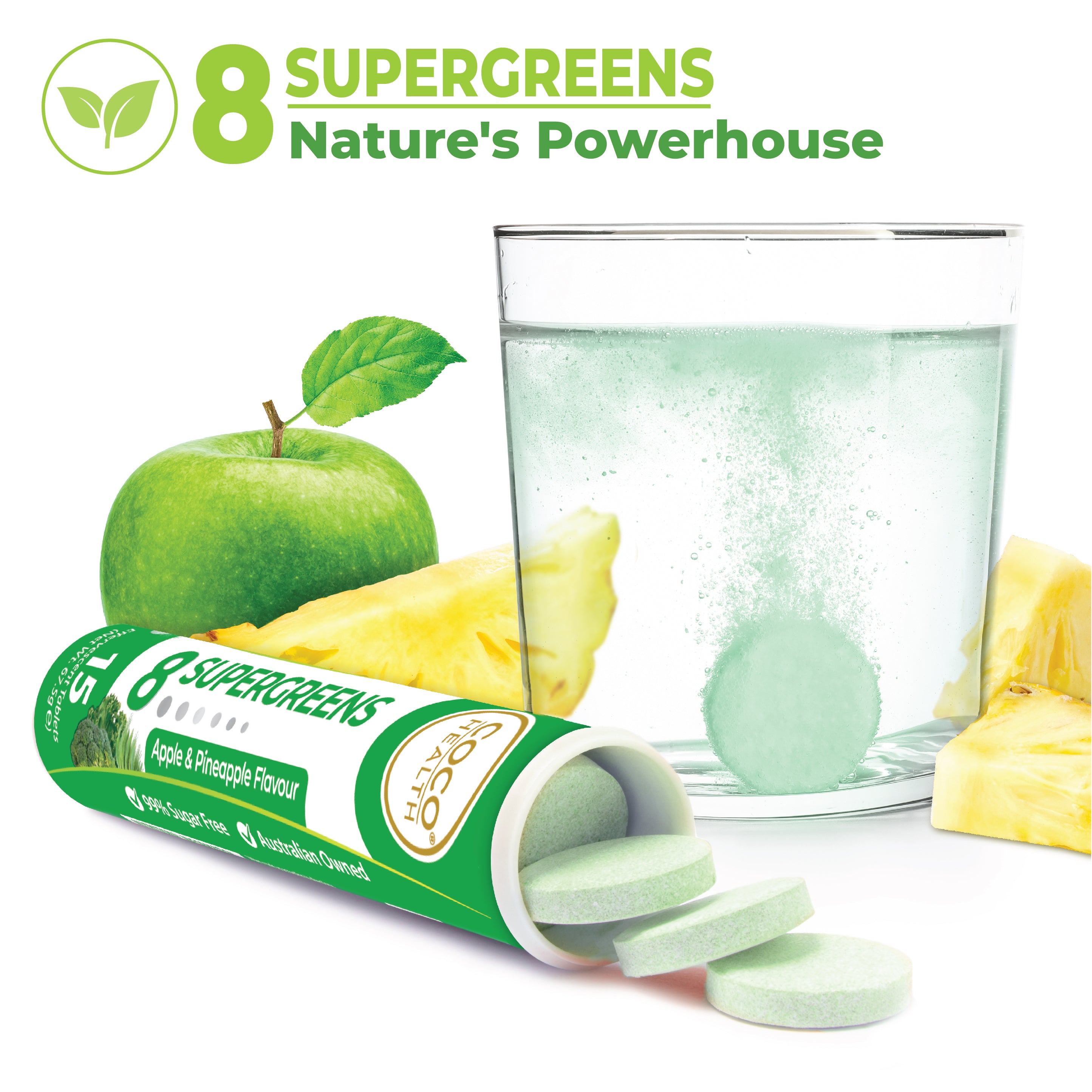 8 Supergreens Apple & Pineapple Effervescent 15s